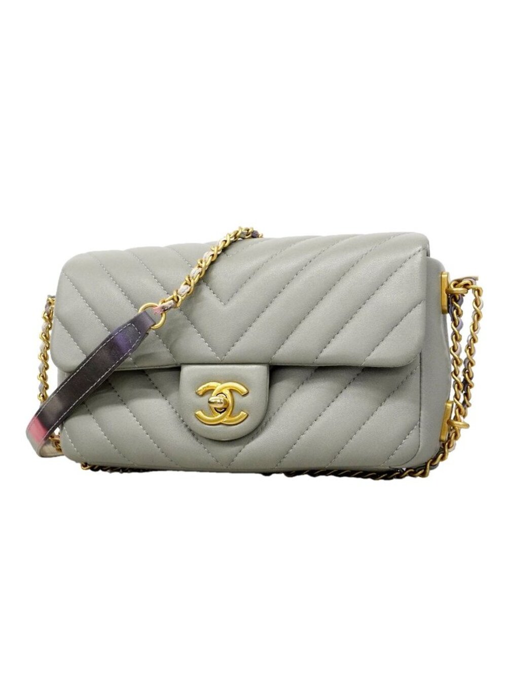 Chanel Shoulder Bag Che Blanc Lambskin Gray Gold